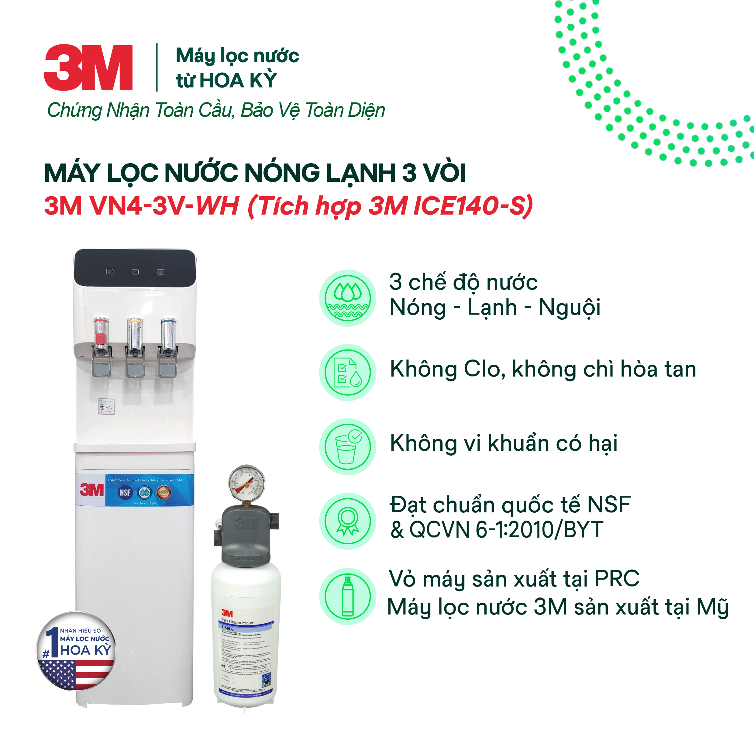 Cây Lọc Nước Nóng Lạnh 3M VN4-3V-WH- Màu Trắng (Tích Hợp Máy Lọc Nước 3M ICE140-S)
