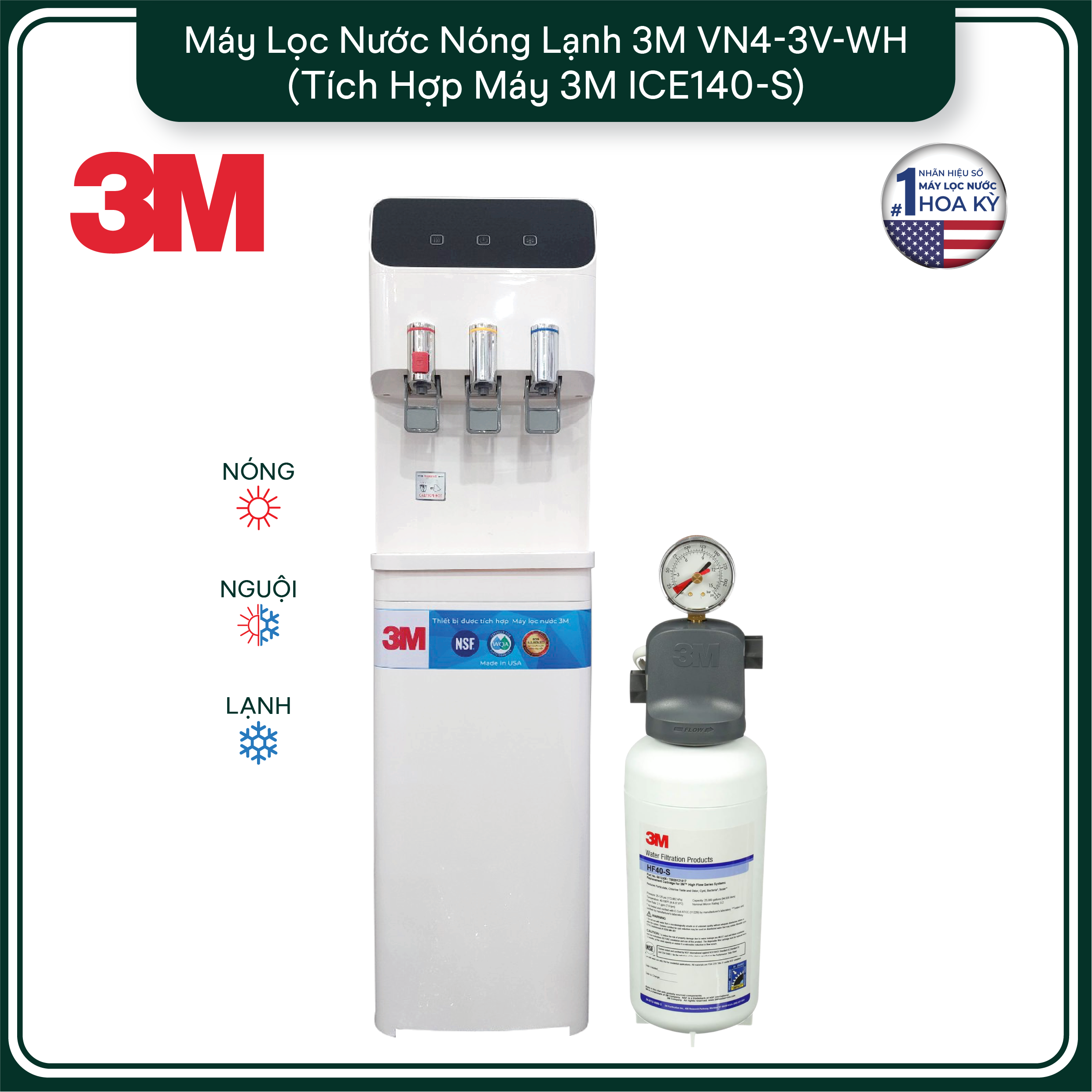 Cây Lọc Nước Nóng Lạnh 3M VN4-3V-WH- Màu Trắng (Tích Hợp Máy Lọc Nước 3M ICE140-S)