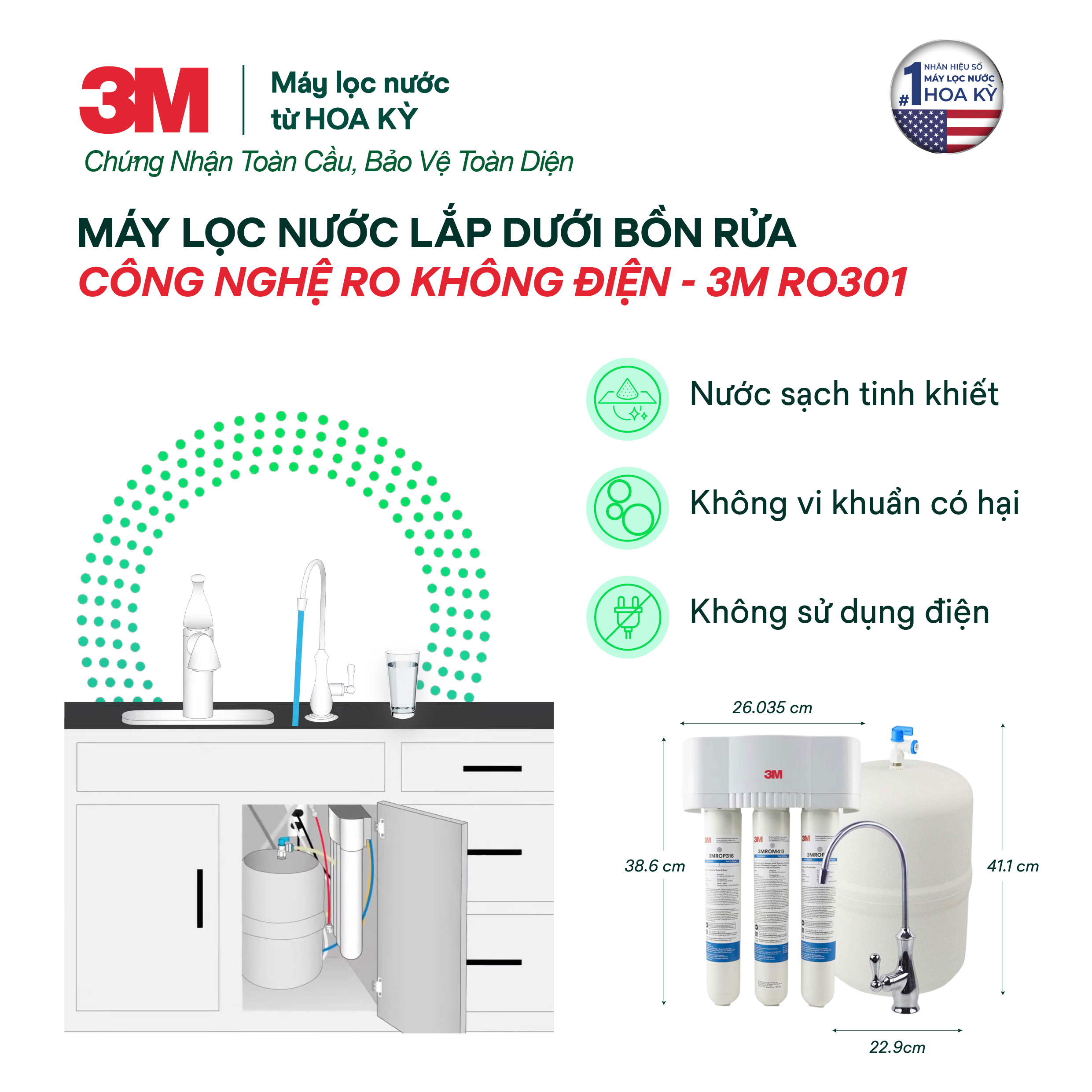 Máy Lọc Nước Lắp Dưới Bồn Rửa 3M Aqua-Pure RO301 - Công Nghệ RO Không Dùng Điện