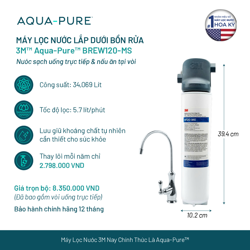 Máy Lọc Nước Lắp Dưới Bồn Rửa 3M BREW120-MS Kèm Vòi 3M