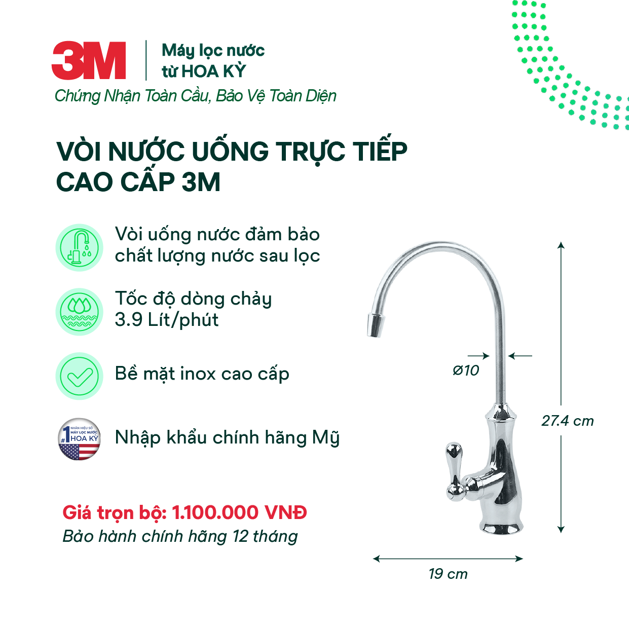 Vòi 3M Cao Cấp - Sử Dụng Với Máy Lọc Nước Lắp Dưới Bồn Rửa 3M