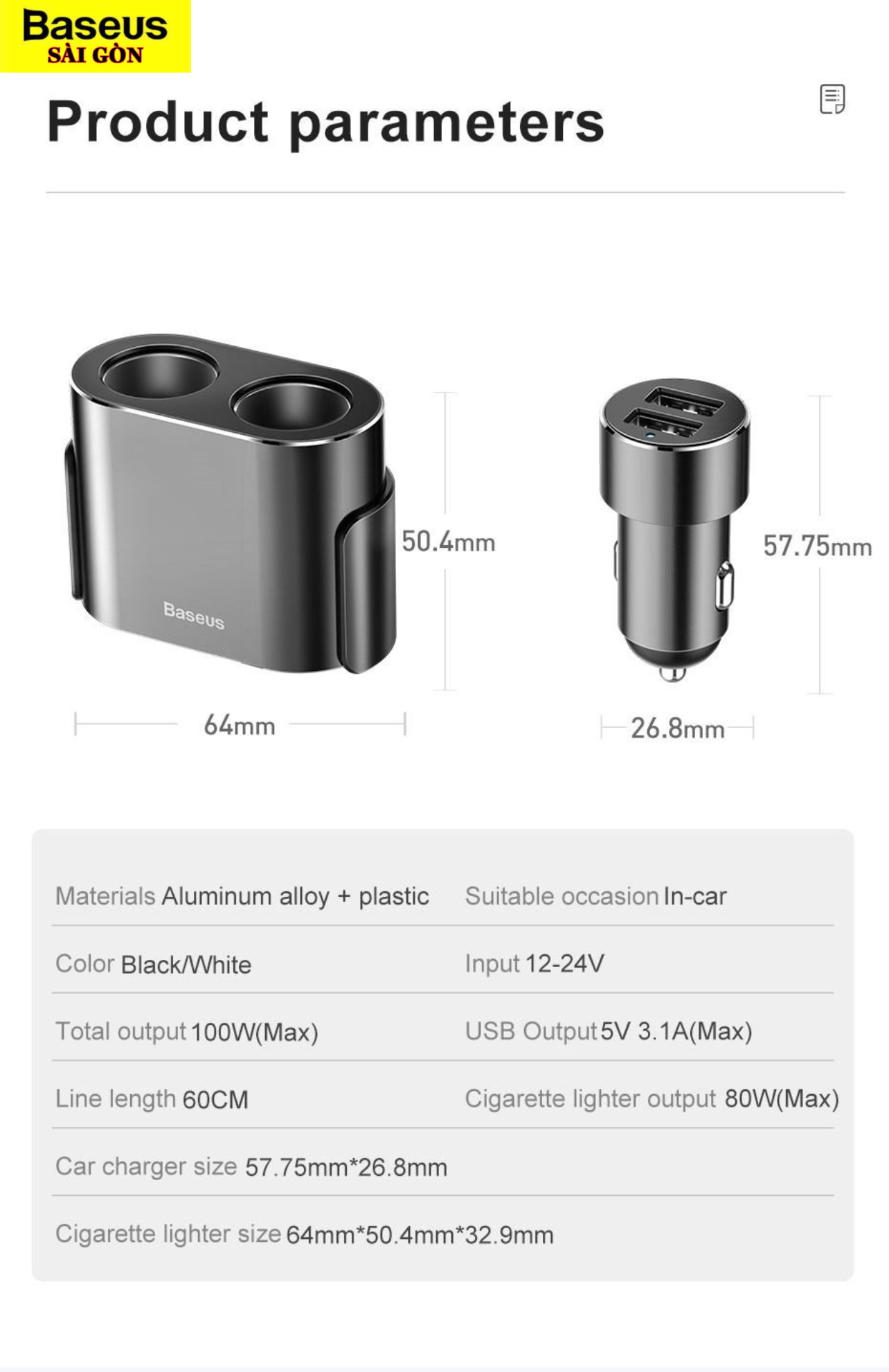 Tẩu sạc đa năng Baseus high efficiency 1 to 2 cigarette lighter CRDYQ