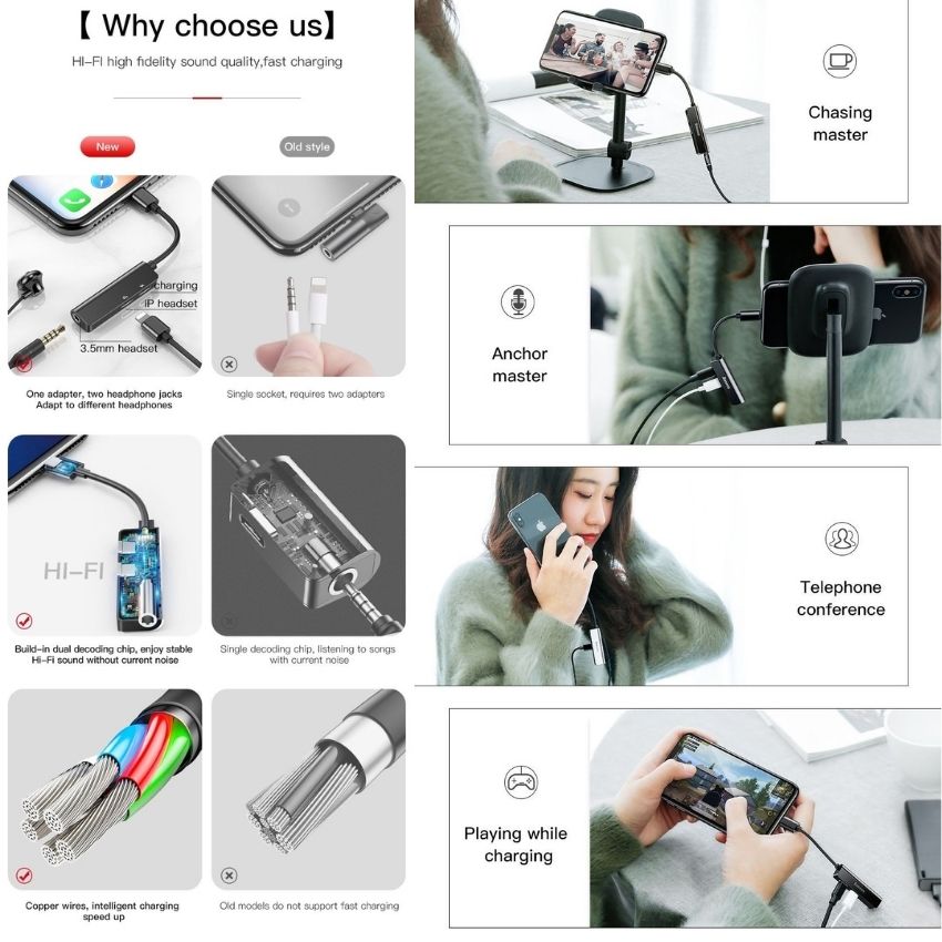 Bộ Jack L52 chuyển đổi cổng Lightning sang Dual Lightning + Audio AUX 3.5mm Baseus L52 Audio Adapter 3 in 1 IP male to dual IP and 3.5mm female adapter