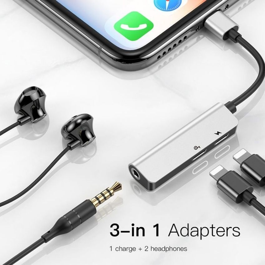 Bộ Jack L52 chuyển đổi cổng Lightning sang Dual Lightning + Audio AUX 3.5mm Baseus L52 Audio Adapter 3 in 1 IP male to dual IP and 3.5mm female adapter