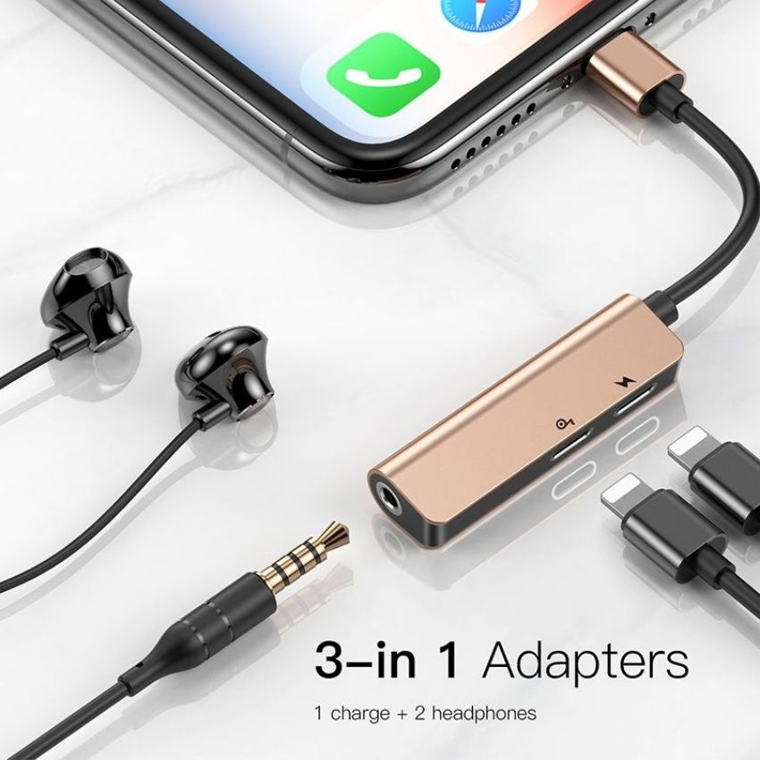 Bộ Jack L52 chuyển đổi cổng Lightning sang Dual Lightning + Audio AUX 3.5mm Baseus L52 Audio Adapter 3 in 1 IP male to dual IP and 3.5mm female adapter