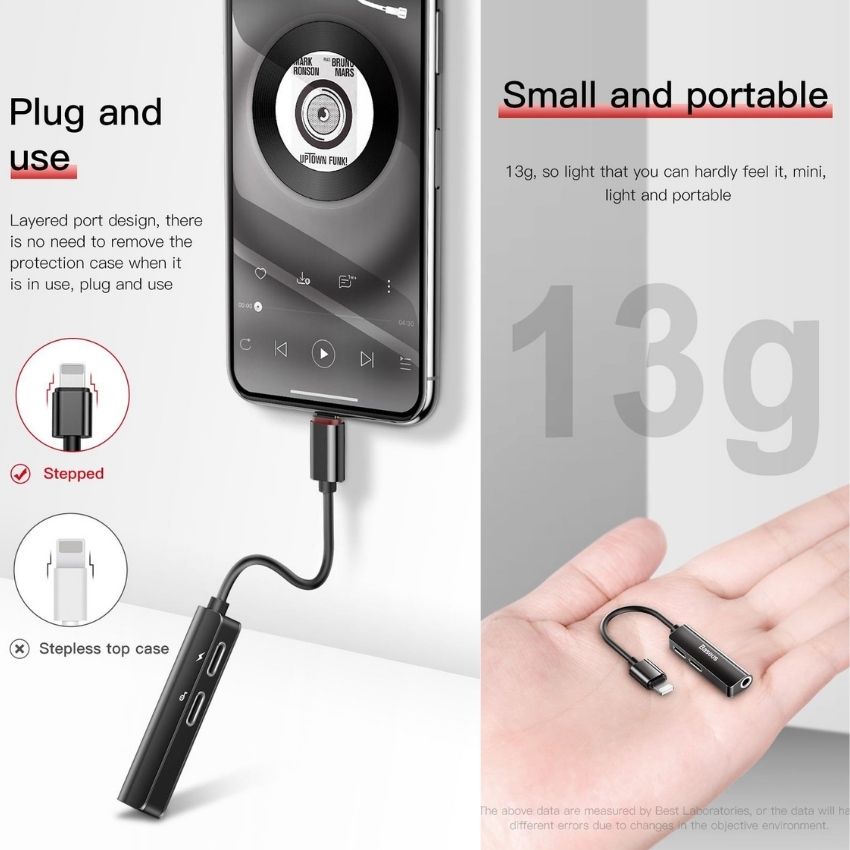 Bộ Jack L52 chuyển đổi cổng Lightning sang Dual Lightning + Audio AUX 3.5mm Baseus L52 Audio Adapter 3 in 1 IP male to dual IP and 3.5mm female adapter