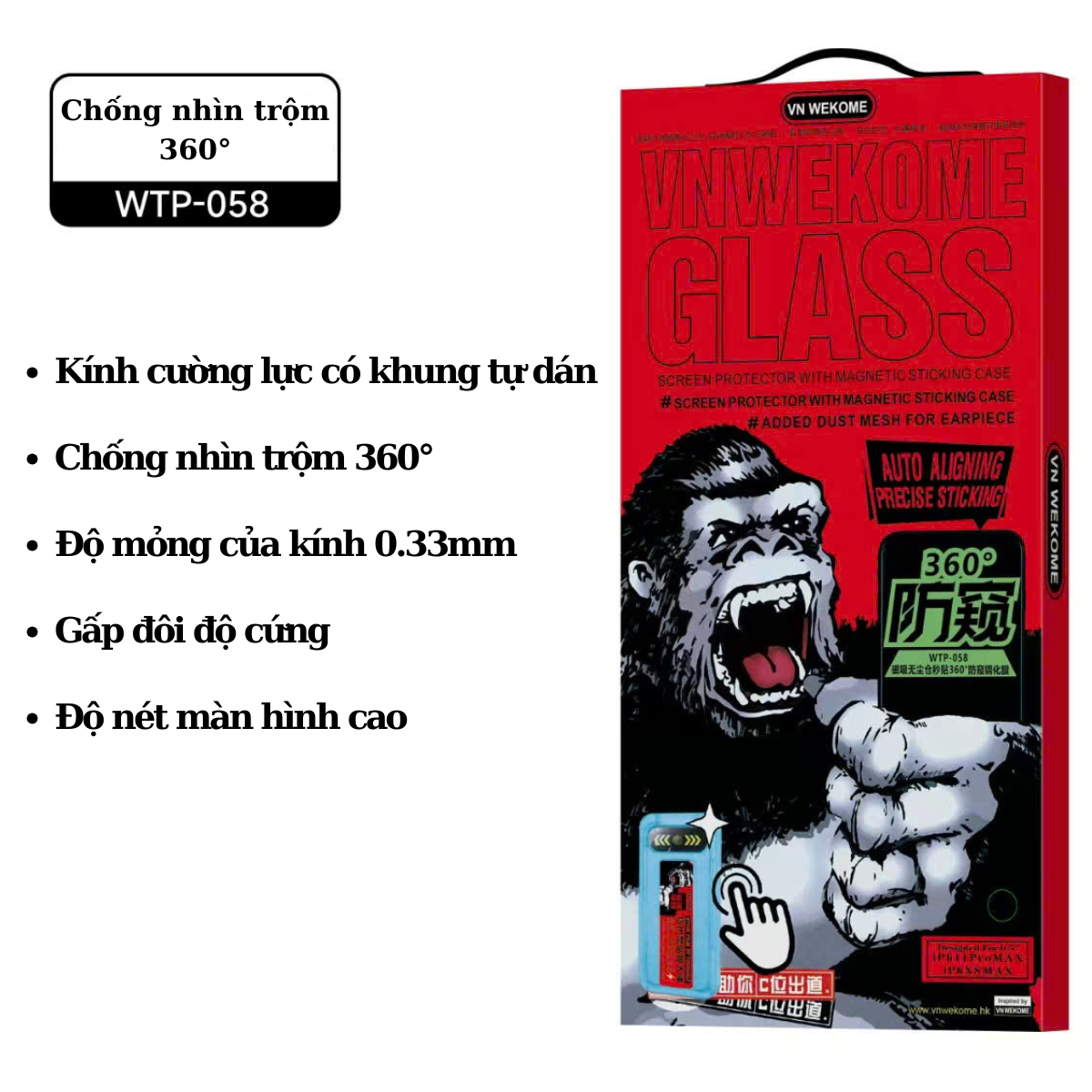 Kính Cường Lực Chống Nhìn Trộm 360 Độ King Kong WTP-058 Có Khung Tự Dán Thương Hiệu Wekome