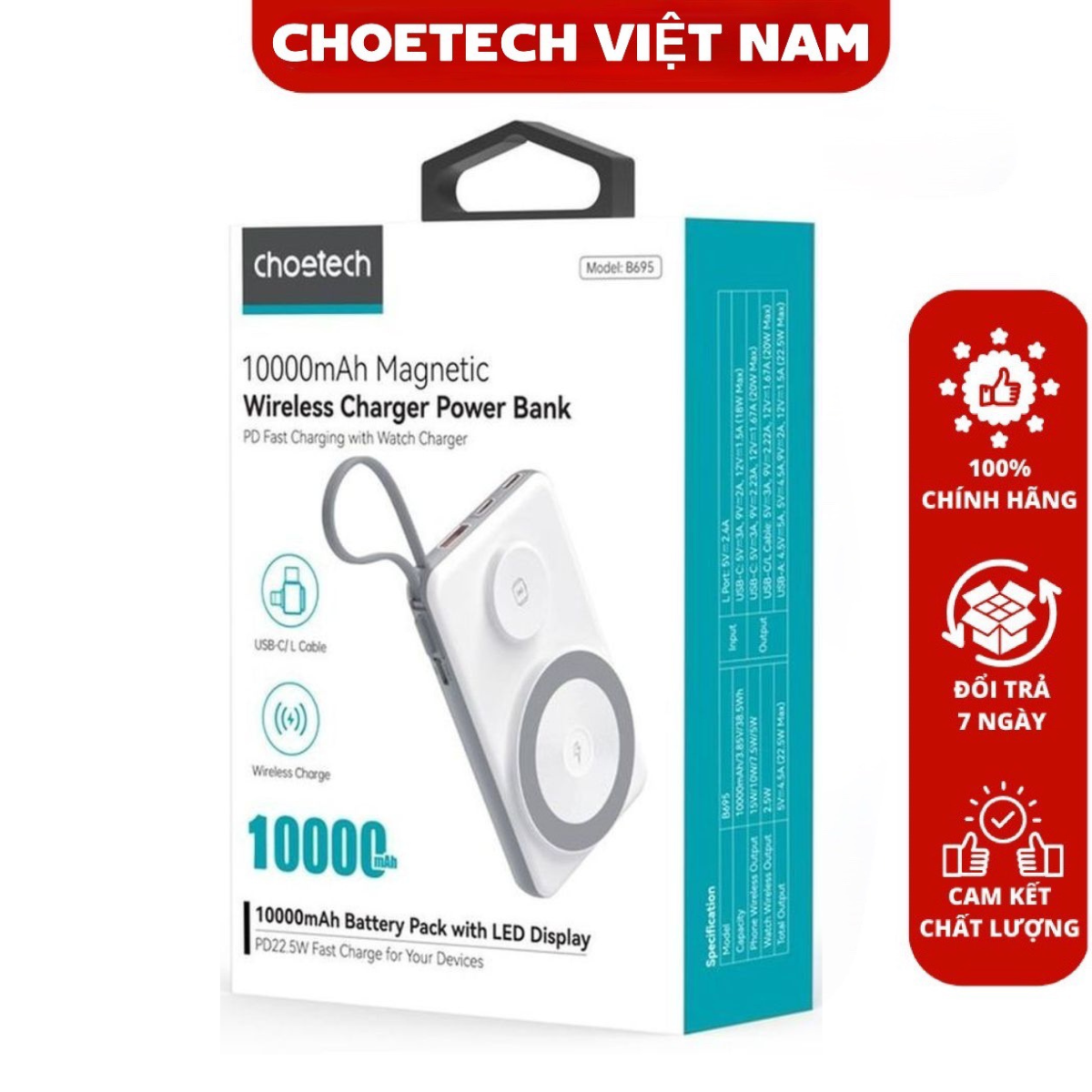 Pin dự phòng Magsafe 3 in 1 Choetech B695 Công Suất 22.5W tích hợp thêm ...