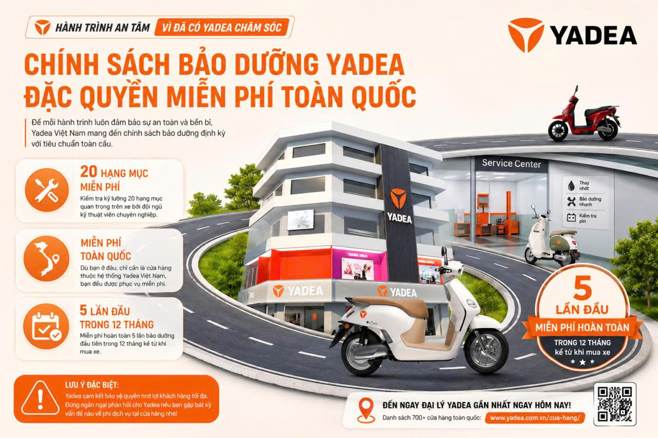 Yadea Việt Nam triển khai chính sách bảo dưỡng định kỳ miễn phí toàn quốc
