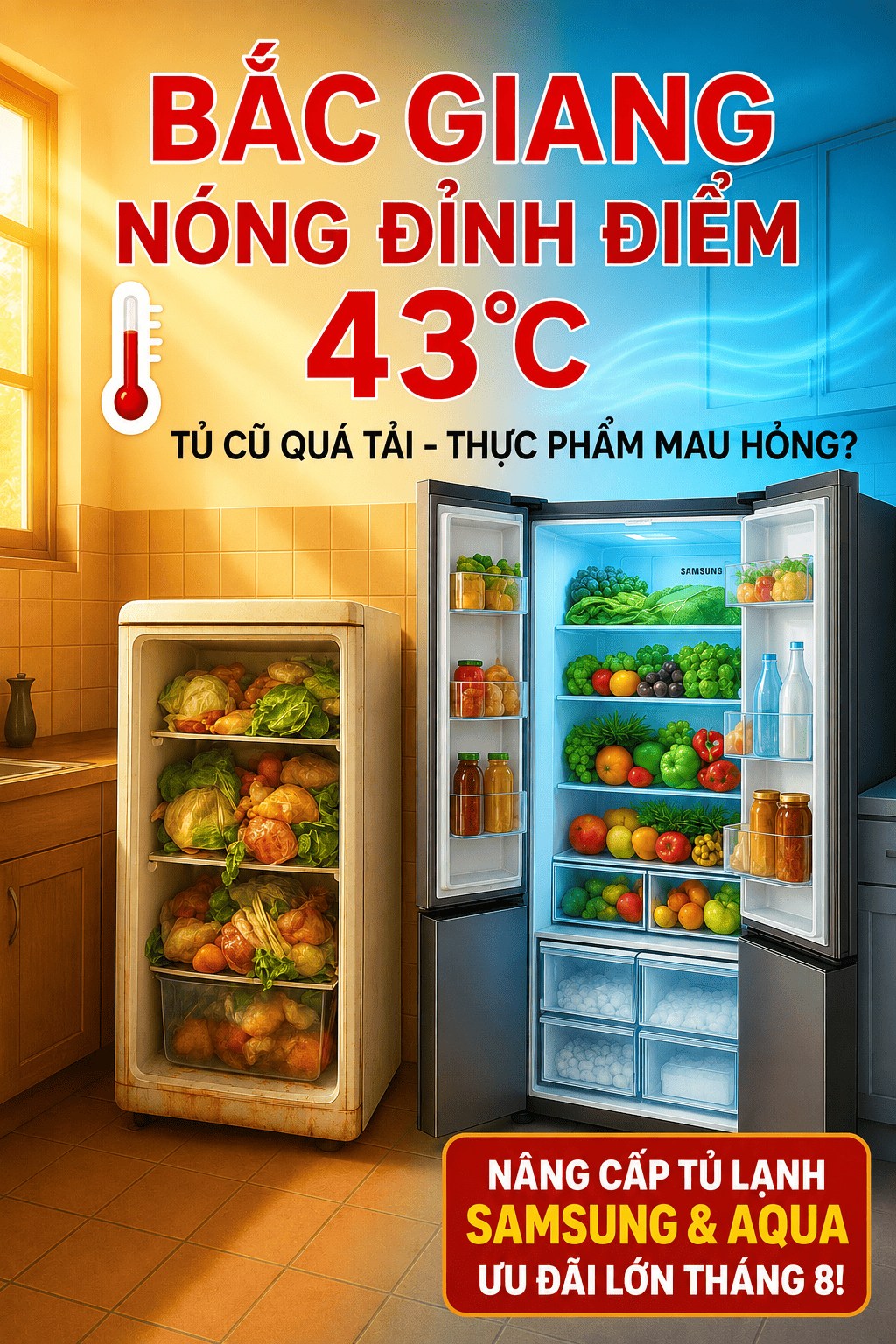 Bắc Giang Nắng Nóng Đỉnh Điểm 43 Độ C: Nỗi Lo Tủ Lạnh Cũ Quá Tải Và Giải Pháp Nâng Cấp Tủ Lạnh Dung Tích Lớn Samsung, Aqua