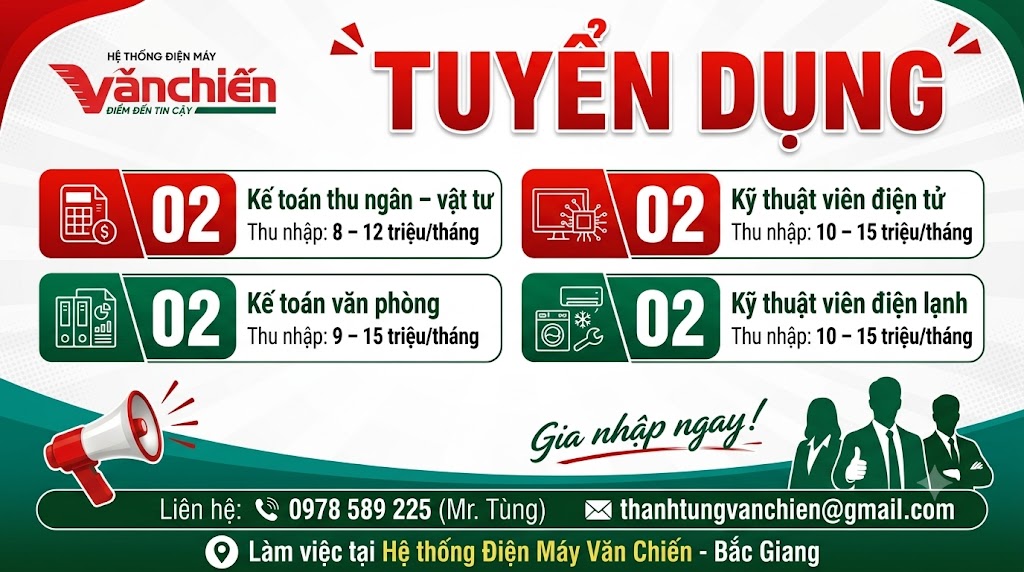 ĐIỆN MÁY VĂN CHIẾN TUYỂN DỤNG NHIỀU VỊ TRÍ