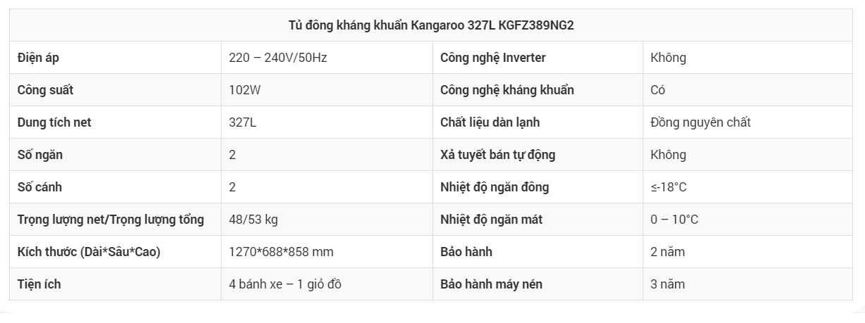 Thông số kỹ thuật Tủ đông Kangaroo KGFZ389NG2 