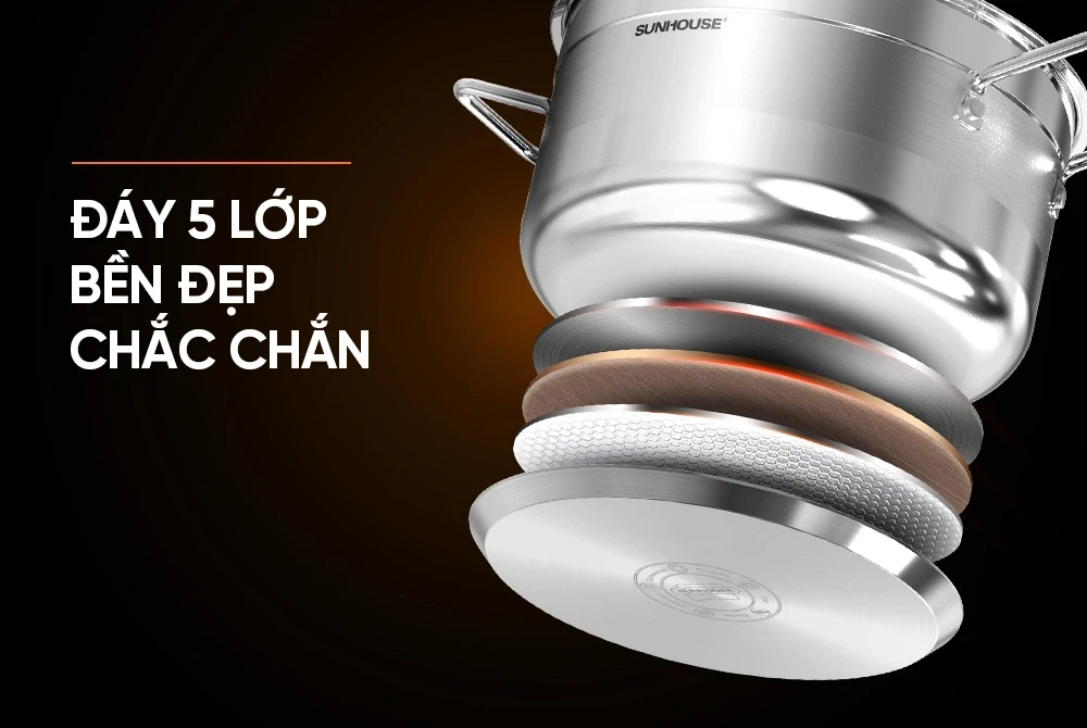 Bộ nồi quánh inox 5 đáy nắp kính Sunhouse SHG669