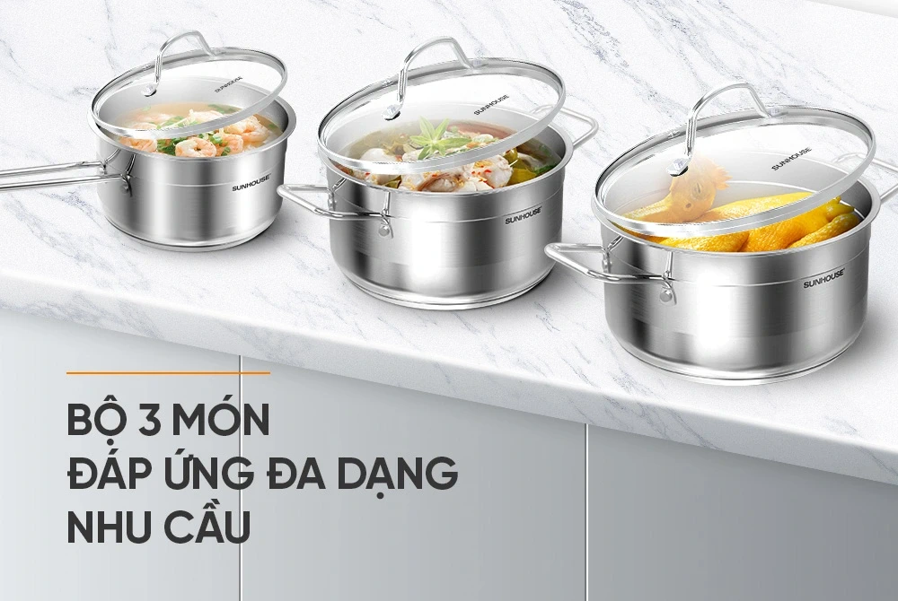 Bộ nồi quánh inox 5 đáy nắp kính Sunhouse SHG669