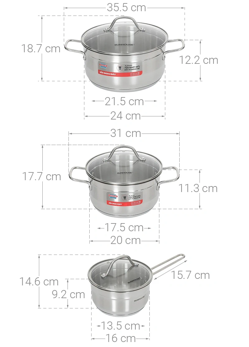 Bộ nồi quánh inox 5 đáy nắp kính Sunhouse SHG669