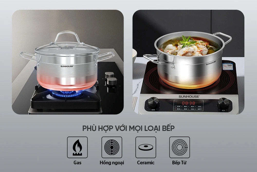 Bộ nồi quánh inox 5 đáy nắp kính Sunhouse SHG669