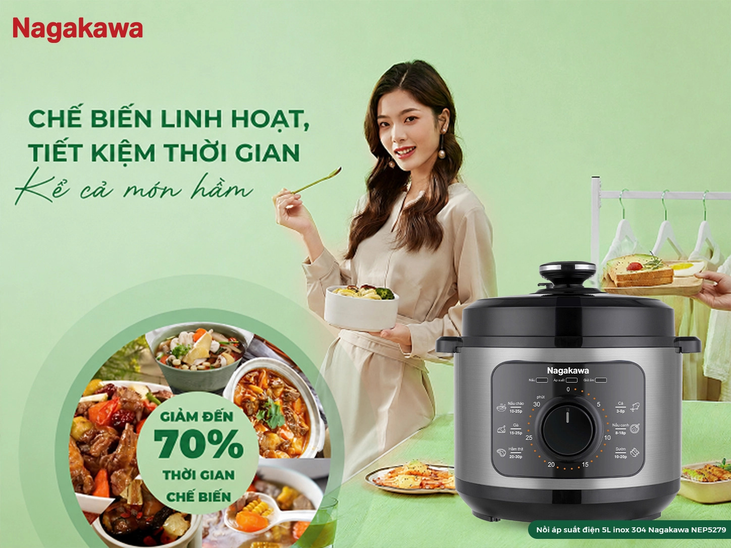 Nồi áp suất điện 5L inox 304 Nagakawa NEP5279