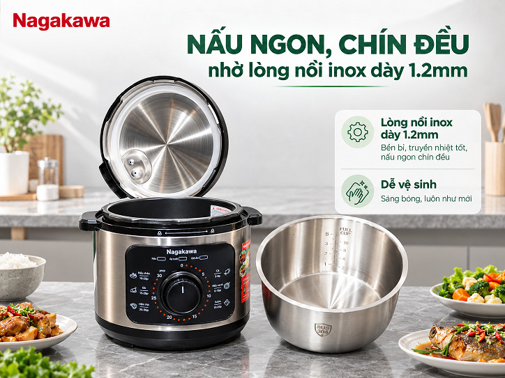 Nồi áp suất điện 5L inox 304 Nagakawa NEP5279