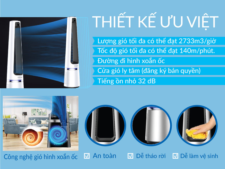 Quạt tháp không cánh kèm lọc không khí Tiross TS9176