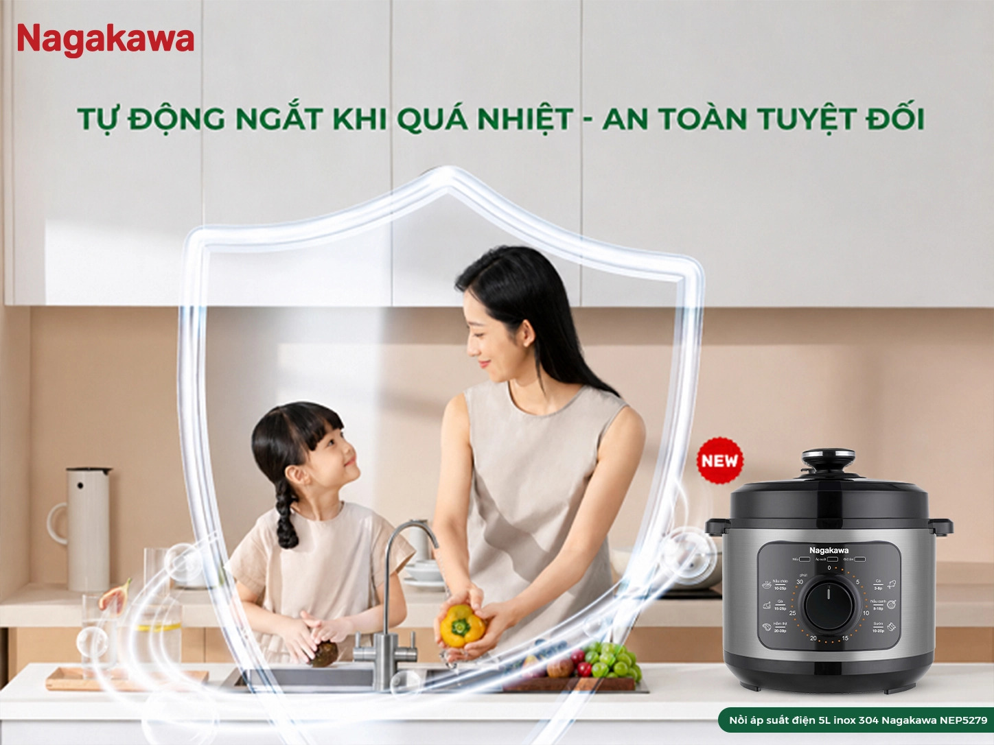 Nồi áp suất điện 5L inox 304 Nagakawa NEP5279