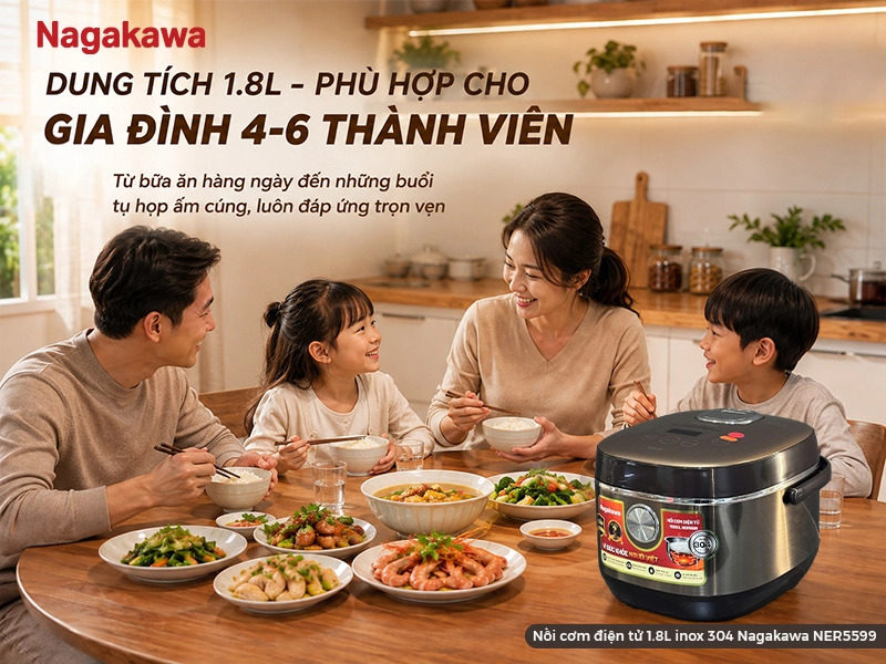 Nồi cơm điện tử 1.8L inox 304 Nagakawa NER5599