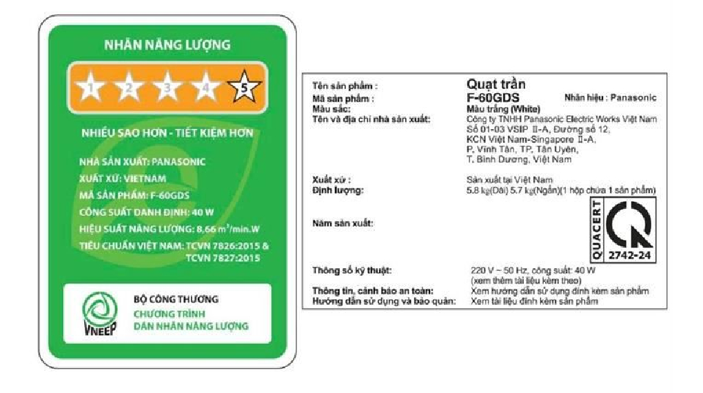 Quạt trần Panasonic 5 cánh F-60GDS-W