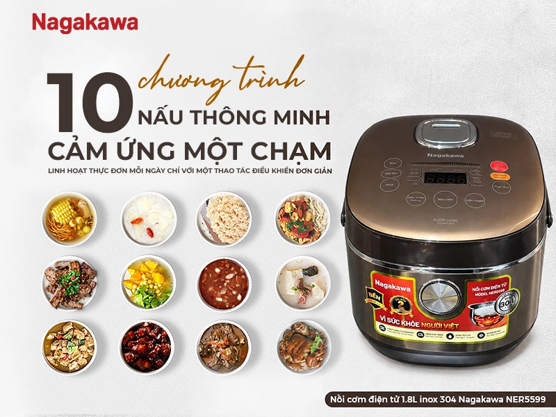 Nồi cơm điện tử 1.8L inox 304 Nagakawa NER5599