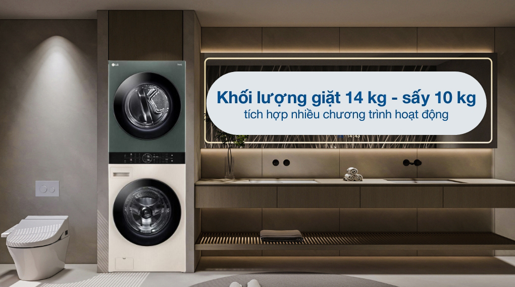 Tháp giặt sấy LG WashTower Inverter giặt 14 kg - sấy 10 kg WT1410NHEG.ABGPEVN