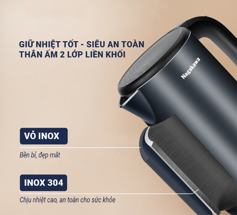 Ấm siêu tốc 2 lớp inox 304 Nagakawa 1.8 lít NAG0319