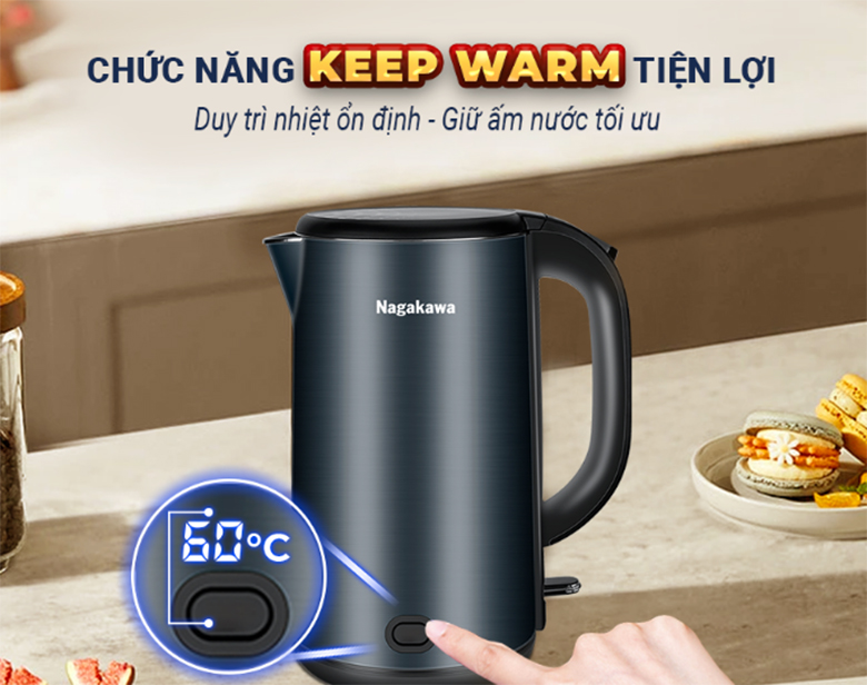 Ấm siêu tốc 2 lớp inox 304 Nagakawa 1.8 lít NAG0319