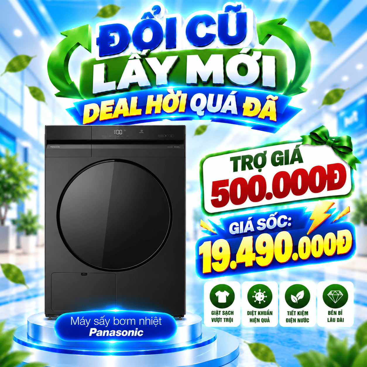 Máy sấy quần áo bơm nhiệt Panasonic Inverter 9.5 kg NH-XJ19D2BVT