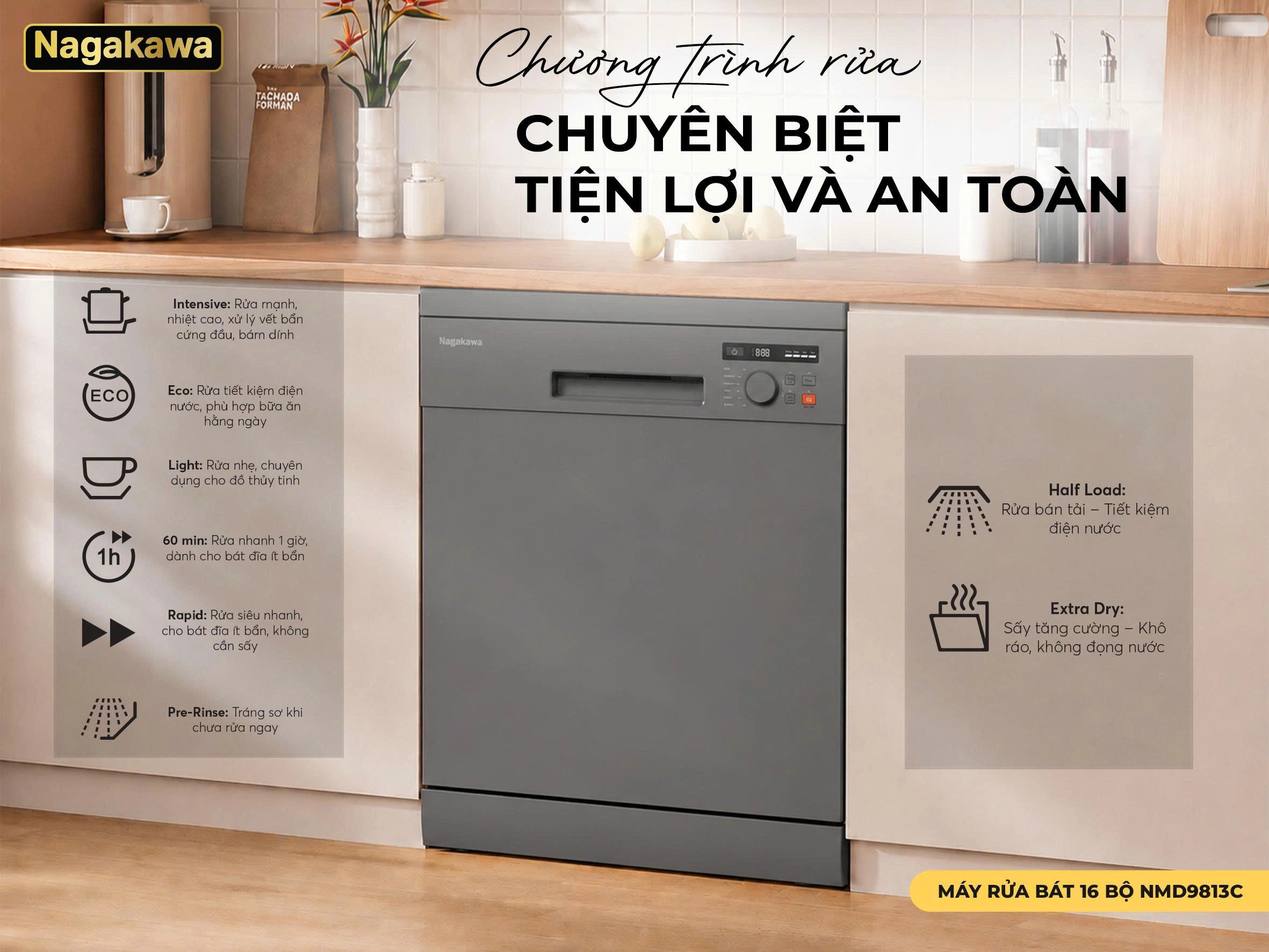 Máy rửa bát 16 bộ Nagakawa NMD9813C