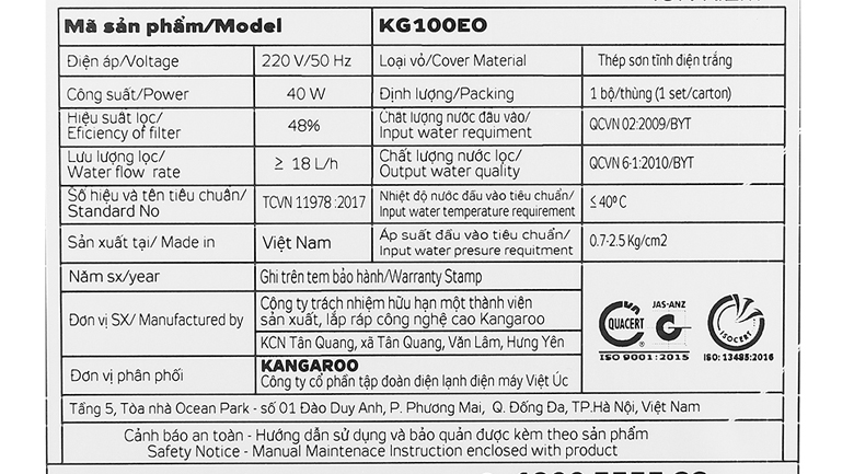 Máy lọc nước RO hydrogen ion kiềm Kangaroo KG100EO 7 lõi