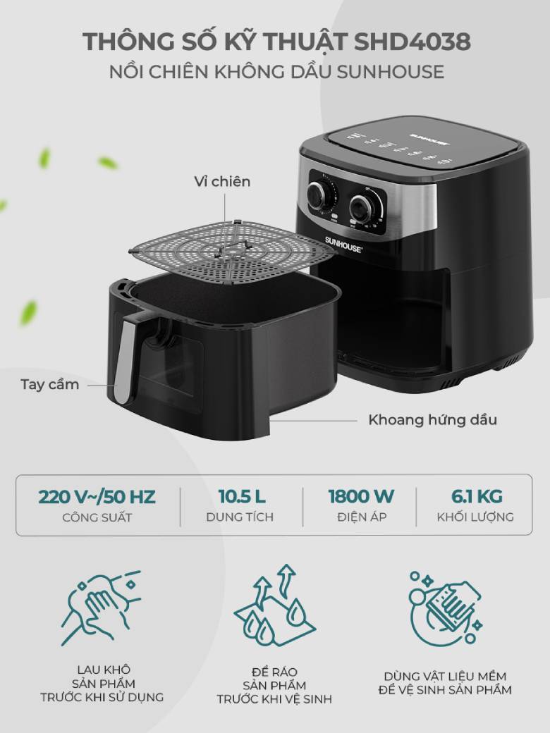 Nồi chiên không dầu 10.5 lít Sunhouse SHD4038