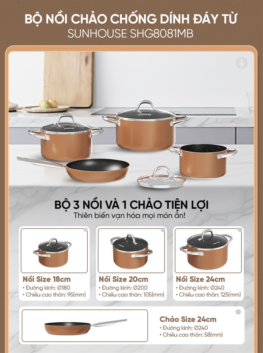 BỘ NỒI CHẢO CHỐNG DÍNH ĐÁY TỪ SUNHOUSE SHG8081MB
