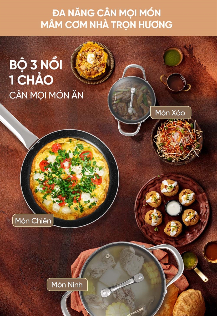BỘ NỒI CHẢO CHỐNG DÍNH ĐÁY TỪ SUNHOUSE SHG8081MB
