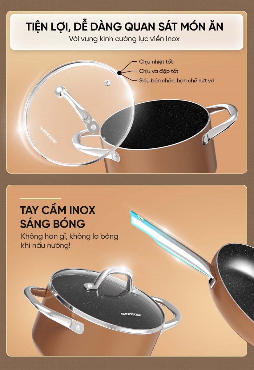 BỘ NỒI CHẢO CHỐNG DÍNH ĐÁY TỪ SUNHOUSE SHG8081MB