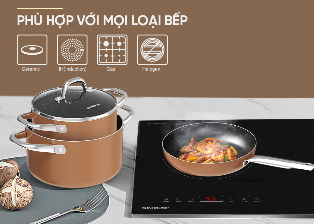 BỘ NỒI CHẢO CHỐNG DÍNH ĐÁY TỪ SUNHOUSE SHG8081MB