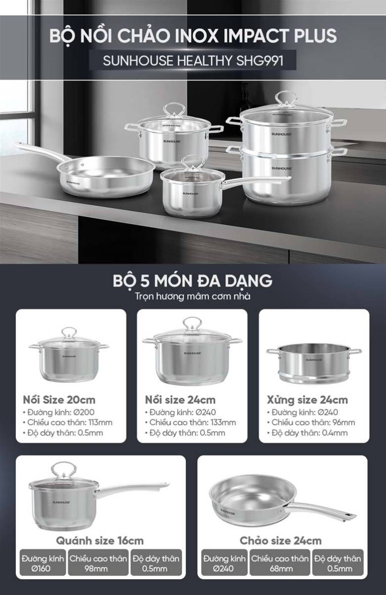Bộ nồi chảo quánh inox nắp kính Sunhouse SHG991
