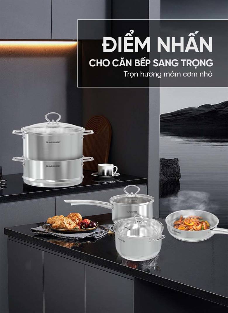 Bộ nồi chảo quánh inox nắp kính Sunhouse SHG991