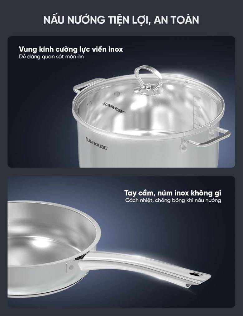 Bộ nồi chảo quánh inox nắp kính Sunhouse SHG991