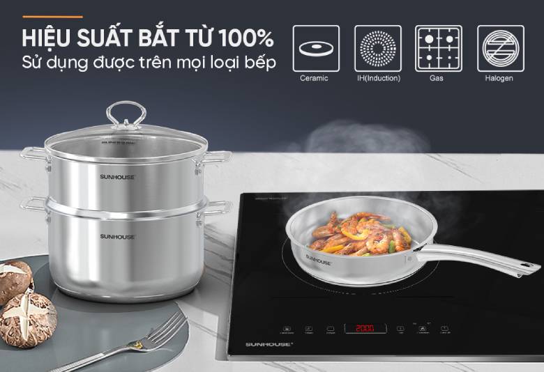 Bộ nồi chảo quánh inox nắp kính Sunhouse SHG991
