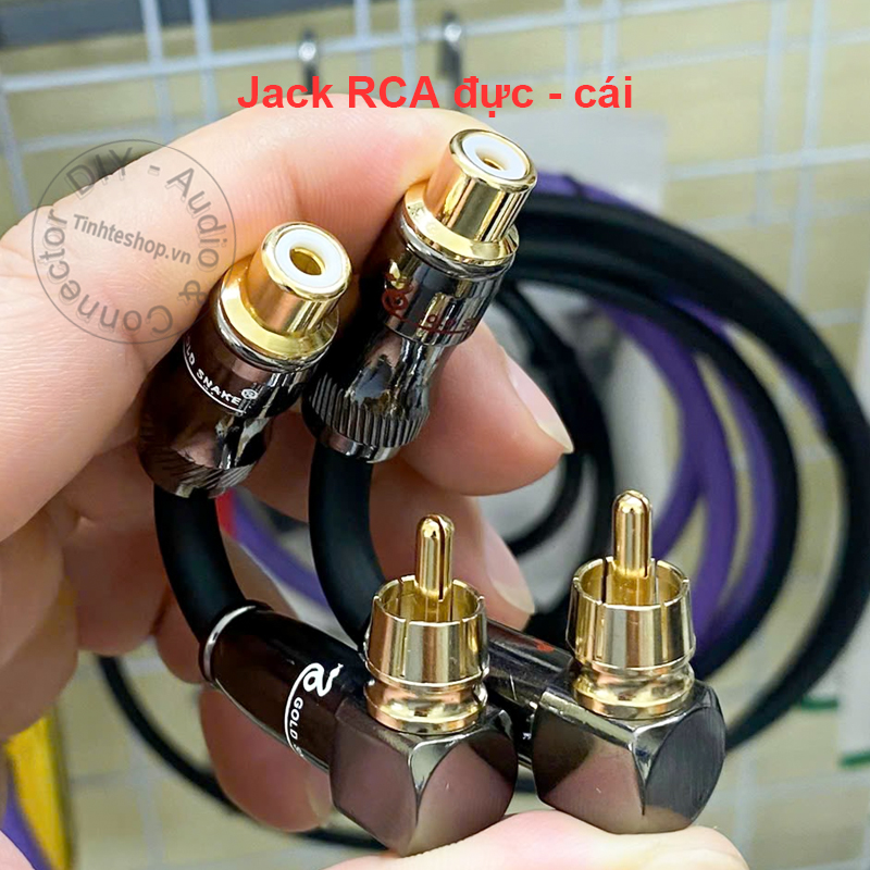 Converts male RCA to right angle female for convenient rear wall plugging