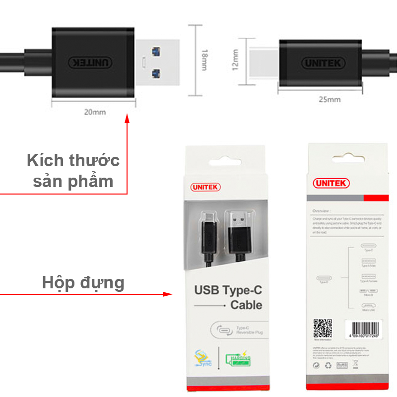 Cáp USB 3.0 to type-C gen1 5Gbps 1 mét Unitek Y-C474BK