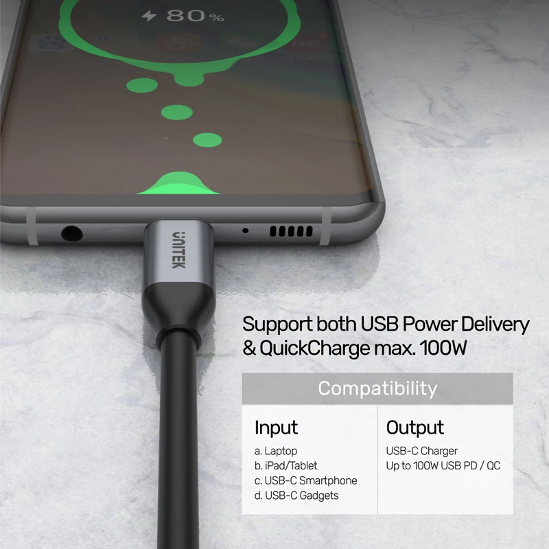 Cáp USB type C 3.1 Gen 2 10Gbps video HD 4K60Hz power 100W Unitek C14083ABK