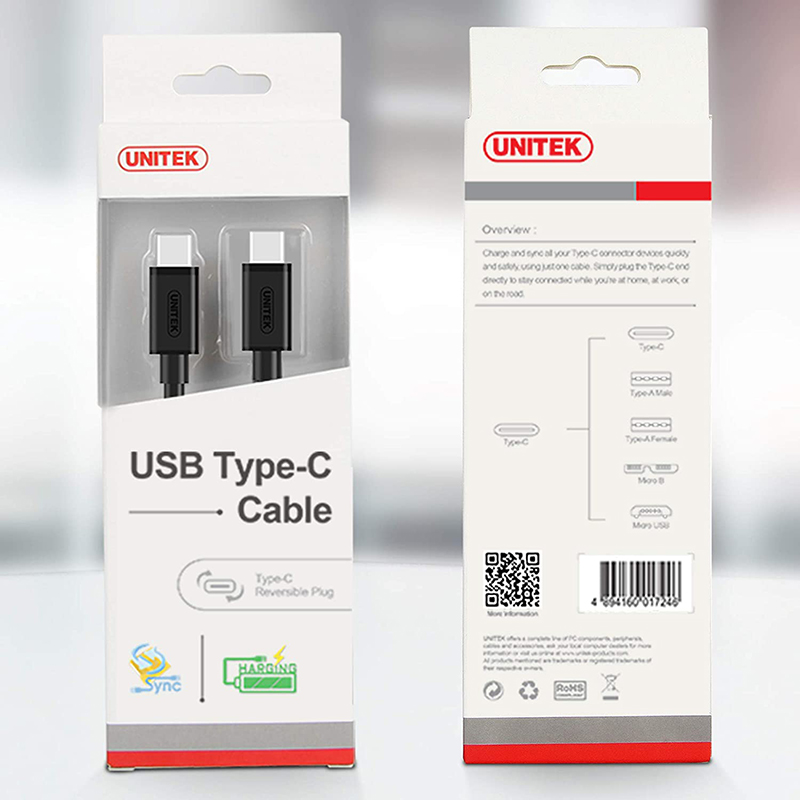 Cáp USB type C gen 1 5Gbps PD60W 1 mét Unitek Y-C477BK