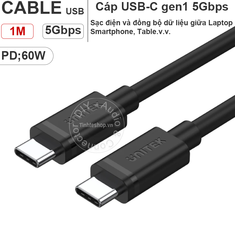 Cáp USB type C gen 1 5Gbps PD60W 1 mét Unitek Y-C477BK