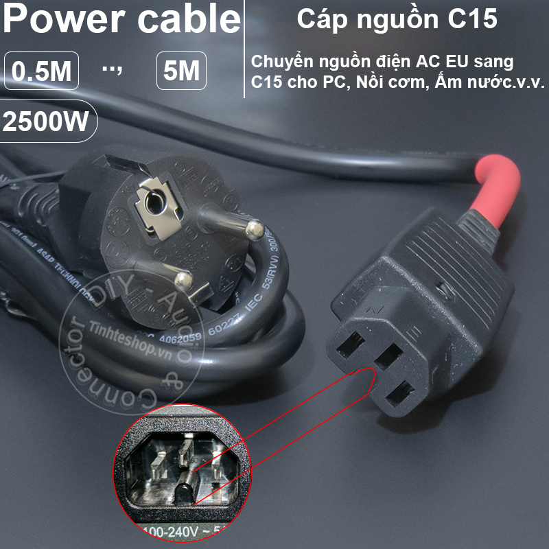 EU to C15 self-plug power cable 3x1mm 2500W