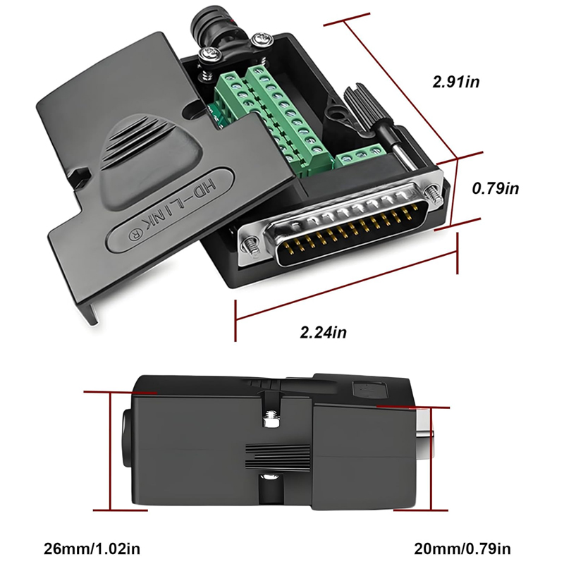 DB25 Solderless Breakout Connector, RS232 D-SUB DB25 Serial to 25Pin Port Terminal Block with Case Long Bolts Tail Pipe