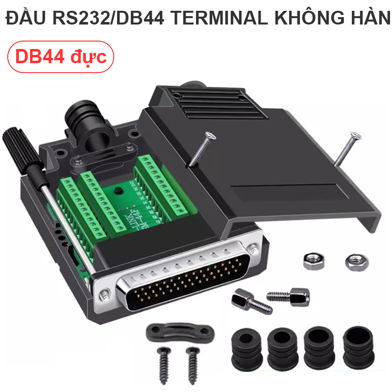 DB44 Solderless Connector, Male RS232 D-SUB Serial to 44-pin Port Terminal Adapter Breakout Board with Case Long Bolts Tail Pipe
